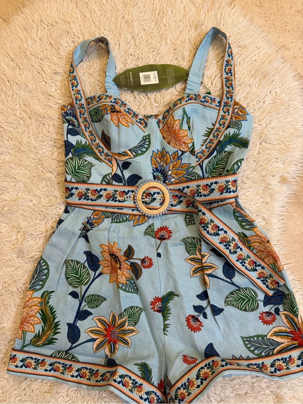 FARM Rio Light Blue Floral balconette  romper with Belt NWT size M - Picture 6 of 6